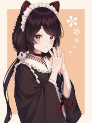 Rule 34 | 1girl, :&lt;, absurdres, animal ears, black hair, black kimono, blue eyes, border, buckle, cat ears, collar, commentary request, frills, heterochromia, highres, inui toko, irise, japanese clothes, kimono, long hair, long sleeves, looking at viewer, low twintails, maid, maid headdress, multicolored eyes, nijisanji, obi, orange background, orange eyes, outside border, own hands together, pink border, purple eyes, red ribbon, ribbon, sash, simple background, solo, swept bangs, twintails, upper body, very long hair, virtual youtuber, wa maid, wide sleeves