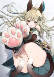 Rule 34 | 1girl, :3, ahoge, animal ears, black panties, blonde hair, blush, cat ears, cat girl, cat tail, genshin impact, green eyes, hair ornament, hair spread out, highres, kirara (genshin impact), legs up, long hair, looking at viewer, multiple tails, panties, parted lips, paw shoes, simple background, solo, star (symbol), star hair ornament, sunano reona, tail, thighs, two tails, underwear, white background