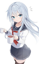 Rule 34 | 1girl, absurdres, anchor symbol, black sailor collar, black thighhighs, blue eyes, blush, cup, fathom, flat cap, grey hair, hat, hibiki (kancolle), highres, holding, holding cup, kantai collection, long hair, looking at viewer, neckerchief, pleated skirt, red neckerchief, sailor collar, school uniform, serafuku, simple background, skirt, solo, thighhighs, white background