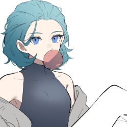 Rule 34 | 1girl, bare shoulders, black shirt, blue eyes, blue hair, breasts, blowing bubbles, chewing gum, commentary request, covered collarbone, forehead, grey jacket, honkai (series), honkai impact 3rd, jacket, lieserl albert einstein, looking at viewer, off shoulder, open clothes, open jacket, shirt, simple background, sleeveless, sleeveless shirt, small breasts, solo, upper body, white background, yunomi (yunomi hs)