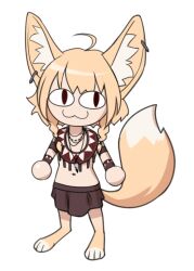 Rule 34 | &lt;|&gt; &lt;|&gt;, 1girl, :3, ahoge, animal ear piercing, animal ears, animal feet, blonde hair, brown skirt, chibi, commentary, english commentary, fox ears, fox girl, fox tail, jewelry, khiara (personal ami), long hair, looking at viewer, midriff, navel, necklace, neco-arc, parody, personal ami, simple background, skirt, solo, standing, style parody, tail, tsukihime, white background