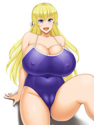 Rule 34 | 1girl, blonde hair, blue eyes, breasts, cameltoe, cleavage, cleft of venus, covered erect nipples, huge breasts, kawanuma uotsuri, long hair, looking at viewer, mariana princilla, open mouth, reco love, sitting, smile, solo, swimsuit