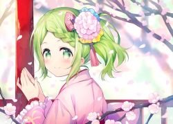 Rule 34 | 1girl, blue flower, blurry, blurry background, blush, branch, closed mouth, depth of field, flower, frilled sleeves, frills, green eyes, green hair, hair flower, hair ornament, hands up, japanese clothes, kimono, long sleeves, looking at viewer, looking to the side, meito (maze), morinaka kazaki, nijisanji, own hands together, parted bangs, petals, pink flower, pink kimono, side ponytail, sidelocks, smile, solo, upper body, virtual youtuber, wide sleeves
