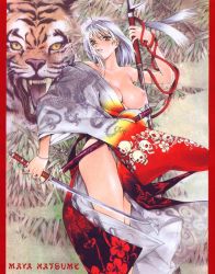 Rule 34 | 1girl, antenna hair, bare shoulders, bracelet, breasts, brown eyes, dual wielding, holding, japanese clothes, jewelry, katana, large breasts, natsume maya, nipples, no bra, oogure ito, polearm, sheath, skull, solo, spear, sword, tenjou tenge, thighs, tiger, weapon, white hair