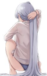 Rule 34 | 1girl, absurdres, ass, barefoot, blue panties, from behind, full body, fuyutsuki (kancolle), highres, kantai collection, kiritto, long hair, long sleeves, no pants, panties, ponytail, shirt, simple background, solo, underwear, very long hair, white background, white hair, white shirt