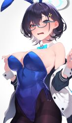 Rule 34 | 1girl, animal ears, bare shoulders, black hair, blue archive, blue eyes, blue leotard, blush, breasts, brown pantyhose, chihiro (blue archive), cleavage, covered navel, detached collar, fake animal ears, glasses, halo, highleg, highleg leotard, highres, hikichi sakuya, jacket, large breasts, leotard, long sleeves, looking at viewer, off shoulder, open clothes, open jacket, open mouth, pantyhose, playboy bunny, rabbit ears, short hair, solo, thighband pantyhose, white jacket, wrist cuffs