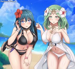 Rule 34 | 2girls, artist name, bare shoulders, beach, bikini, black bikini, black cape, black vs white, blue eyes, blue hair, blue sky, blush, breasts, byleth (female) (fire emblem), byleth (female) (summer) (fire emblem), byleth (fire emblem), cape, cleavage, closed mouth, cloud, collarbone, commentary, cowboy shot, dagger, day, english commentary, female focus, fire emblem, fire emblem: three houses, fire emblem heroes, flower, green eyes, green hair, hair between eyes, hair flower, hair ornament, hand on own chest, hand up, highres, knife, large breasts, leaning forward, lens flare, long hair, looking at viewer, matching hair/eyes, midriff, multiple girls, navel, nintendo, ocean, official alternate costume, outdoors, parted lips, patdarux, rhea (fire emblem), ribbon, sheath, sheathed, sidelocks, sky, smile, sparkle, standing, swimsuit, thigh gap, tiara, water, weapon, white bikini, wrist ribbon