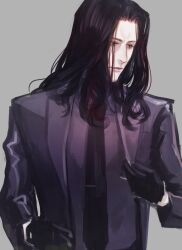 Rule 34 | 1boy, alternate hairstyle, black gloves, black hair, fate/grand order, fate (series), formal, gilles de rais (saber) (fate), gloves, highres, kuroda matsurika, long hair, looking to the side, male focus, necktie, parted bangs, purple shirt, shirt, solo, suit, unfinished, upper body