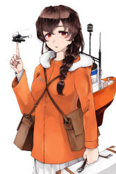 Rule 34 | 1girl, aircraft, bag, braid, breasts, brown hair, clothes writing, commentary, fur-trimmed jacket, fur trim, hair between eyes, holding, index finger raised, jacket, kantai collection, kurou (bcrow), long hair, long sleeves, looking at viewer, medium breasts, orange eyes, orange jacket, pleated skirt, rigging, simple background, single braid, skirt, solo, souya (kancolle), suitcase, white background, white skirt