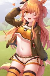 Rule 34 | 1girl, ;d, absurdres, animal ears, arm up, black ribbon, blush, bow, brown eyes, brown hair, commentary, cowboy shot, crop top, dog tags, ear ribbon, green jacket, hair between eyes, heart, highres, honyang, horse ears, horse girl, horse tail, jacket, long hair, long sleeves, mayano top gun (umamusume), midriff, navel, one eye closed, open clothes, open jacket, open mouth, orange shirt, orange thighhighs, outdoors, ribbon, shirt, short shorts, shorts, skindentation, smile, solo, standing, swimsuit, tail, thighhighs, two side up, umamusume, white shorts