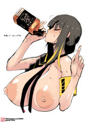 Rule 34 | 1girl, alcohol, alternate breast size, anti-rain (girls&#039; frontline), armband, artist logo, blonde hair, braid, breasts, brown hair, closed eyes, drinking, english text, eyepatch, girls&#039; frontline, glass bottle, hg chagawa, holding, huge breasts, index finger raised, jack daniel&#039;s, long hair, m16a1 (girls&#039; frontline), mole, multicolored hair, necktie, nipples, nude, simple background, solo, streaked hair, sweat, sweatdrop, upper body, watermark, web address, white background