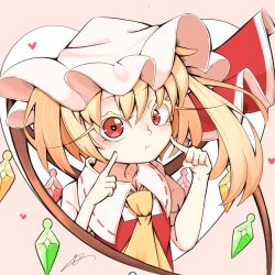 Rule 34 | 1girl, absurdres, ascot, blonde hair, cheek poking, closed mouth, collared shirt, cropped torso, crystal, flandre scarlet, hat, heart, highres, kaitojaja19980520, looking at viewer, medium hair, mob cap, multicolored wings, one side up, pink background, poking, poking self, pout, puffy short sleeves, puffy sleeves, red eyes, red vest, shirt, short sleeves, signature, simple background, solo, touhou, upper body, vest, white hat, white shirt, wings, yellow ascot