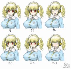 Rule 34 | &gt;:&lt;, 1girl, :&lt;, :d, ^ ^, angry, artist name, blonde hair, blush, breasts, character sheet, closed eyes, closed mouth, dated, expressions, closed eyes, headphones, huge breasts, jewelry, looking at viewer, multiple views, necklace, nitroplus, open mouth, orange eyes, parted lips, short hair, signature, simple background, skull and crossbones, smile, star (symbol), star necklace, super pochaco, tearing up, tears, tsuji santa, twintails, upper body, v-shaped eyebrows, wavy mouth
