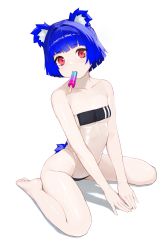 Rule 34 | absurdres, animal ears, armpit crease, bare arms, bare legs, bare shoulders, barefoot, blue hair, blunt bangs, blush, breasts, cleavage, double vertical stripe, food, food in mouth, gris (vertigris), gris swimsuit, highleg, highleg swimsuit, highres, long hair, meme attire, one-piece swimsuit, original, popsicle, popsicle in mouth, red eyes, see-through, see-through one-piece swimsuit, short hair, simple background, sitting, small breasts, strapless, strapless one-piece swimsuit, sweatdrop, swimsuit, tail, vertigris, wariza, white background
