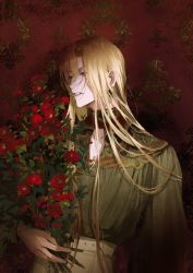 Rule 34 | 1boy, bishounen, blonde hair, bouquet, caomufound, earrings, flower, french clothes, highres, holding, holding bouquet, jewelry, male focus, original, profile, red flower, solo, straight hair