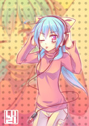 Rule 34 | 1girl, ;p, blue hair, casual, digital media player, hands on headphones, headphones, long hair, looking at viewer, luzi, one eye closed, original, ponytail, red eyes, solo, tongue, tongue out, walkman