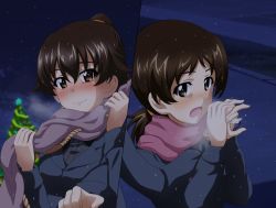 Rule 34 | 2girls, blue coat, blurry, blurry background, blush, breath, brown eyes, brown hair, christmas, christmas tree, closed mouth, coat, commentary, depth of field, girls und panzer, hair tie, highres, holding hands, itsumi erika&#039;s gunner, itsumi erika&#039;s loader, key (gaigaigai123), long hair, long sleeves, low twintails, medium hair, multiple girls, night, night sky, outdoors, ponytail, purple scarf, scarf, sky, smile, star (sky), starry sky, twintails, yuri