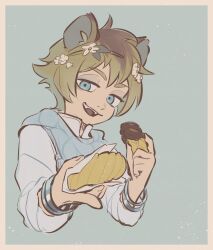 Rule 34 | 1boy, blue background, blue eyes, blue vest, border, brown hair, cropped torso, flower, food, highres, holding, holding food, hyena boy, hyena ears, light particles, long sleeves, looking at viewer, male focus, open mouth, ruggie bucchi, shirt, short hair, teeth, twisted wonderland, ukata, upper teeth only, vest, white border, white flower, white shirt