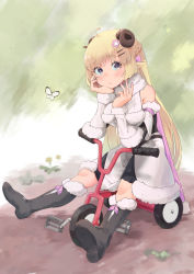 Rule 34 | 1girl, ahoge, animal ears, black footwear, blonde hair, blush, boots, braid, breasts, bug, butterfly, cape, commentary, detached sleeves, dress, french braid, full body, fur-trimmed boots, fur-trimmed dress, fur-trimmed sleeves, fur trim, hair ornament, hairclip, hand on own chin, head rest, highres, hololive, horns, insect, long hair, looking at viewer, medium breasts, mochiyuki (gigfor1), pink cape, purple eyes, ribbed sleeves, sheep ears, sheep horns, sitting, solo, tricycle, tsunomaki watame, tsunomaki watame (1st costume), virtual youtuber, white dress