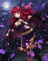 Rule 34 | 1girl, armor, belt, bodysuit, cape, cleavage cutout, clothing cutout, fire emblem, fire emblem engage, full body, hair ornament, highres, holding, holding knife, holding weapon, kakiko210, knife, long hair, looking at viewer, moon, nintendo, red eyes, red hair, star (symbol), star hair ornament, weapon, yunaka (fire emblem)