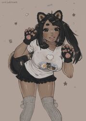 Rule 34 | 1girl, :d, anajudraws, animal ears, animal hands, artist name, black eyes, black gloves, black hair, black skirt, blush, breasts, brown background, dark-skinned female, dark skin, dog ears, dog tail, fingerless gloves, gloves, grey thighhighs, impossible clothes, large breasts, leaning forward, long hair, open mouth, original, paw gloves, shirt, simple background, skirt, smile, solo, standing, tail, tan, thighhighs, tongue, tongue out, white shirt