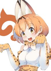 Rule 34 | 10s, 1girl, :3, :d, animal ears, blush, casino (casinoep), elbow gloves, gloves, highres, japari symbol, kemono friends, looking at viewer, open mouth, orange gloves, orange hair, paw pose, serval (kemono friends), short hair, smile, solo, upper body, yellow eyes