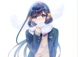 Rule 34 | 1girl, ame33 2, arm behind back, black hair, black jacket, blazer, blue eyes, bow, cardigan, chromatic aberration, closed mouth, commentary, enpera, hair bow, hand up, highres, jacket, long hair, long sleeves, looking at viewer, open clothes, open jacket, original, scarf, school uniform, simple background, snowing, solo, upper body, white background, white scarf, yellow bow