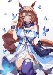 Rule 34 | 1girl, absurdres, animal ears, bag, blue eyes, blue thighhighs, breasts, brown hair, bug, butterfly, eyebrows hidden by hair, hair between eyes, handbag, highres, horse ears, horse girl, horse tail, insect, large breasts, long hair, looking at viewer, open mouth, simple background, skirt, smile, super creek (umamusume), tail, thighhighs, thighs, tsumiki (12756023), umamusume, white background