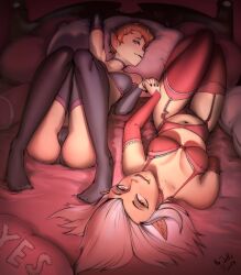 Rule 34 | 2girls, absurdres, amputee, ass, bed, black bra, black nails, black panties, black thighhighs, bra, breasts, cameltoe, cleavage, detached sleeves, edalyn clawthorne, fang, fingernails, garter belt, garter straps, grey eyes, grey hair, heterochromia, highres, holding hands, lilith clawthorne, lingerie, looking at viewer, lying, mature female, medium breasts, mr.jellybeans, multiple girls, on back, orange hair, panties, pointy ears, red bra, red panties, red thighhighs, sharp fingernails, short hair, siblings, sisters, smile, spoilers, the owl house, thighhighs, underwear, very short hair, yellow eyes, yes-no pillow