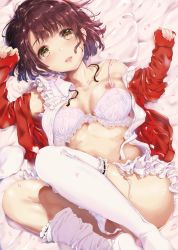 Rule 34 | 1girl, :d, bed sheet, blush, bra, breasts, bridal garter, cleavage, frilled panties, frilled shirt collar, frills, from above, heart, heart-shaped pupils, highres, jacket, katou megumi, kneehighs, legs up, lips, long sleeves, looking at viewer, loose thighhigh, lying, medium breasts, nail polish, nipple slip, nipples, no shoes, on back, on bed, open clothes, open jacket, open mouth, open shirt, panties, petals, pillow, pink bra, pink nails, red jacket, ricca55, saenai heroine no sodatekata, shirt, short hair, sleeves past wrists, smile, socks, solo, symbol-shaped pupils, tareme, unbuttoned, unbuttoned shirt, underwear, w arms, white panties, white socks, yellow eyes