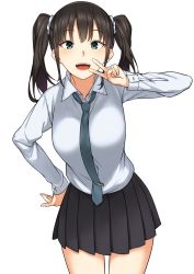 Rule 34 | 1girl, absurdres, black hair, black shirt, black skirt, blue necktie, commentary request, hand on own hip, hatakenaka (kamagabuchi), highres, long sleeves, looking at viewer, necktie, open mouth, original, pleated skirt, shirt, simple background, skirt, smile, solo, teeth, thighs, twintails, upper teeth only, v, white background