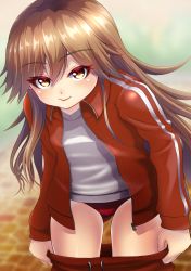Rule 34 | 1girl, absurdres, arashio (kancolle), breasts, brown eyes, brown hair, buruma, clothes pull, gluteal fold, gym shirt, gym uniform, highres, jacket, kantai collection, lips, long hair, long sleeves, looking at viewer, makura (y makura), open clothes, open jacket, outdoors, pants, pants pull, school uniform, shirt, small breasts, solo, track jacket, track pants, track suit, white shirt, yellow eyes, zipper