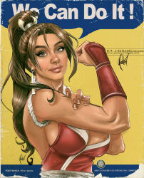 Rule 34 | 1girl, arm guards, bare shoulders, breasts, brown eyes, brown hair, cedric poulat, cleavage, fatal fury, high ponytail, japanese clothes, large breasts, lips, long hair, looking at viewer, ninja, ponytail, revealing clothes, rope, rosie the riveter, shiranui mai, sideboob, signature, smile, snk, solo, the king of fighters, video game, we can do it!