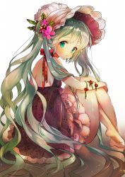 Rule 34 | 1girl, bad id, bad pixiv id, dress, from side, green eyes, green hair, hatsune miku, highres, hugging own legs, long hair, looking at viewer, matching hair/eyes, mid (gameshe), sitting, solo, twintails, very long hair, vocaloid