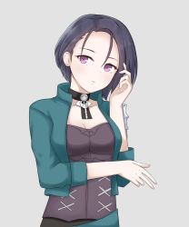 Rule 34 | 1girl, arm up, asymmetrical bangs, blue hair, chirun0, choker, closed mouth, collarbone, fire emblem, fire emblem: three houses, green jacket, grey background, hand up, highres, jacket, nintendo, open clothes, open jacket, purple eyes, shamir nevrand, short hair, simple background, sleeves rolled up, solo