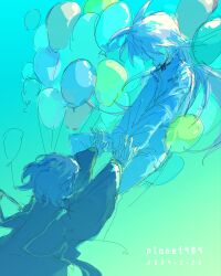 Rule 34 | 2boys, absurdres, balloon, blue hair, chinese commentary, commentary request, gradient background, hatsutori hajime, highres, holding hands, long hair, long sleeves, male focus, multiple boys, open mouth, pants, pink hair, saibou shinkyoku, shirt, short hair, sketch, smile, too many balloons, utsugi noriyuki, white pants, white shirt, xiaogugu87440