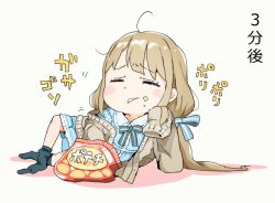 Rule 34 | 1girl, bag of chips, beige background, black socks, blue bow, blue dress, blush stickers, bow, brown cardigan, cardigan, closed eyes, collared dress, dress, eating, food, food on face, futaba anzu, gomennasai, hair bow, idolmaster, idolmaster cinderella girls, idolmaster cinderella girls starlight stage, kneehighs, kneehighs pull, light brown hair, long hair, long sleeves, low twintails, no shoes, open cardigan, open clothes, parted lips, plaid, plaid dress, revision, sleeves past fingers, sleeves past wrists, socks, solo, striped, striped bow, translated, twintails, very long hair