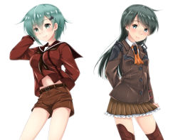 Rule 34 | 2girls, alternate costume, alternate hairstyle, baretto, baretto (firearms 1), black hair, blazer, blush, breast envy, breasts, brown eyes, brown legwear, brown skirt, commentary request, cosplay, costume switch, green eyes, green hair, hair flip, hair ornament, hairclip, jacket, kantai collection, long hair, long sleeves, looking at viewer, medium breasts, midriff, mogami (kancolle), mogami (kancolle) (cosplay), multiple girls, neckerchief, school uniform, serafuku, shirt, short hair, shorts, simple background, skirt, small breasts, smile, suzuya (kancolle), suzuya (kancolle) (cosplay), swept bangs, thighhighs, white background