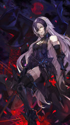 Rule 34 | 1girl, absurdres, armor, armored dress, black gloves, blonde hair, building, dark persona, fate/grand order, fate (series), fur trim, gauntlets, gloves, headpiece, highres, jeanne d&#039;arc (fate), jeanne d&#039;arc alter (avenger) (fate), jeanne d&#039;arc alter (avenger) (third ascension) (fate), jeanne d&#039;arc alter (fate), long hair, moon, open mouth, red moon, ribbon, saberiii, sheath, solo, striped ribbon, sword, thighhighs, weapon, yellow eyes