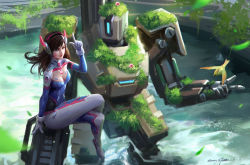 Rule 34 | 1girl, adapted costume, alternate costume, animal, animal print, artist name, bastion (overwatch), bird, blue bodysuit, bodysuit, branch, breasts, brown eyes, brown hair, cleavage, commentary, crossed legs, d.va (overwatch), day, english commentary, facepaint, facial mark, flower, full body, ganymede (overwatch), gloves, gun, headphones, high collar, index finger raised, long hair, looking at another, looking at viewer, medium breasts, moss, official alternate costume, one eye closed, outdoors, overgrown bastion, overwatch, overwatch 1, painting (action), pilot suit, pink lips, plant, qichao wang, rabbit print, realistic, ribbed bodysuit, river, robot, shoulder pads, signature, sitting, sitting on object, sitting on robot, skin tight, swept bangs, weapon, whisker markings, white gloves