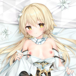 Rule 34 | 1girl, armpit crease, bare shoulders, blonde hair, blush, breasts, cirnos, clothes down, dakimakura (medium), detached sleeves, genshin impact, looking at viewer, lumine (genshin impact), lying, medium breasts, medium hair, nipples, on back, on bed, smile, solo, upper body, yellow eyes