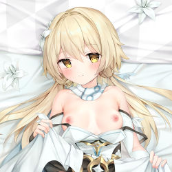 1girl armpit_crease bare_shoulders blonde_hair blush breasts cirnos clothes_down dakimakura_(medium) detached_sleeves genshin_impact looking_at_viewer lumine_(genshin_impact) lying medium_breasts medium_hair nipples on_back on_bed smile solo upper_body yellow_eyes