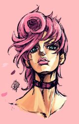 Rule 34 | 1girl, choker, close-up, commentary, english commentary, green eyes, highres, jojo no kimyou na bouken, looking at viewer, pink background, pink hair, pink lips, sherumaru (korcht06), short hair, simple background, solo, trish una, vento aureo