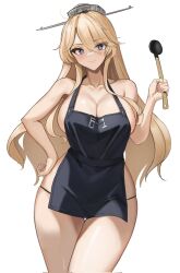 1girl apron black_panties blonde_hair blue_eyes breasts cleavage dimos_(dawn_1945) hair_between_eyes hand_on_own_hip headgear highres holding holding_ladle iowa_(kancolle) kantai_collection ladle large_breasts long_hair looking_at_viewer nearly_naked_apron panties smile solo star-shaped_pupils star_(symbol) striped_clothes striped_panties symbol-shaped_pupils underwear white_background wide_hips