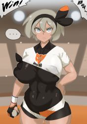 Rule 34 | 1girl, bea (pokemon), bodysuit, bodysuit under clothes, breasts, cameltoe, cleft of venus, covered navel, cowboy shot, creatures (company), crop top, curvy, dark-skinned female, dark skin, female focus, front-tie top, game freak, gloves, grey eyes, grey hair, gym leader, hairband, holding, holding poke ball, huge breasts, kunaboto, looking at viewer, nintendo, poke ball, pokemon, pokemon swsh, puffy nipples, short hair, short sleeves, shorts, solo, standing, wristband