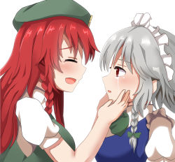 Rule 34 | 2girls, :d, blue vest, blush, braid, commentary request, crying, crying with eyes open, closed eyes, facing another, flat cap, from side, green neckwear, green vest, guard vent jun, hair ribbon, hands on another&#039;s face, hat, highres, hong meiling, izayoi sakuya, long hair, looking at viewer, multiple girls, neck ribbon, open mouth, profile, puffy short sleeves, puffy sleeves, red eyes, red hair, ribbon, shirt, short hair, short sleeves, sideways mouth, silver hair, simple background, smile, streaming tears, tears, touhou, tress ribbon, upper body, vest, white background, white shirt, yuri
