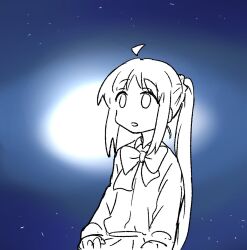 Rule 34 | 1girl, ahoge, bebeko z, bocchi the rock!, bow, empty eyes, hair tie, hand on own hip, ijichi nijika, long hair, miniskirt, parted lips, partially colored, ponytail, sitting, sketch, skirt, solo, space, star (sky), sweater, very long hair