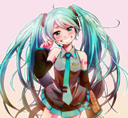 Rule 34 | 1girl, aqua eyes, aqua hair, bad id, bad pixiv id, bare shoulders, blush, detached sleeves, grin, hatsune miku, headset, long hair, looking at viewer, necktie, ryouga (fm59), skirt, smile, solo, twintails, very long hair, vocaloid