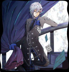 Rule 34 | 1boy, amnesia (idea factory), birthday, blue eyes, card, chain, character name, chocoreshon, curtains, formal, gloves, hair ornament, hairpin, happy birthday, ikki (amnesia), male focus, necktie, pants, playing card, smile, solo, spade, suit, white hair