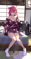 Rule 34 | 1girl, ;o, alarm clock, bare legs, bare shoulders, bed, bed sheet, blush, book, breasts, carpet, cleavage, clock, collarbone, floral print, full body, highres, horcrux college, indoors, japanese clothes, kimono, kimono pull, knees together feet apart, long hair, long sleeves, looking at viewer, obi, off shoulder, on bed, one eye closed, one side up, original, parted lips, pink hair, print kimono, purple eyes, purple kimono, sash, shelf, shiina michiru, short kimono, sitting, small breasts, socks, solo, speaker, tabi, tatami, waking up, white socks, wide sleeves, window, wiping face